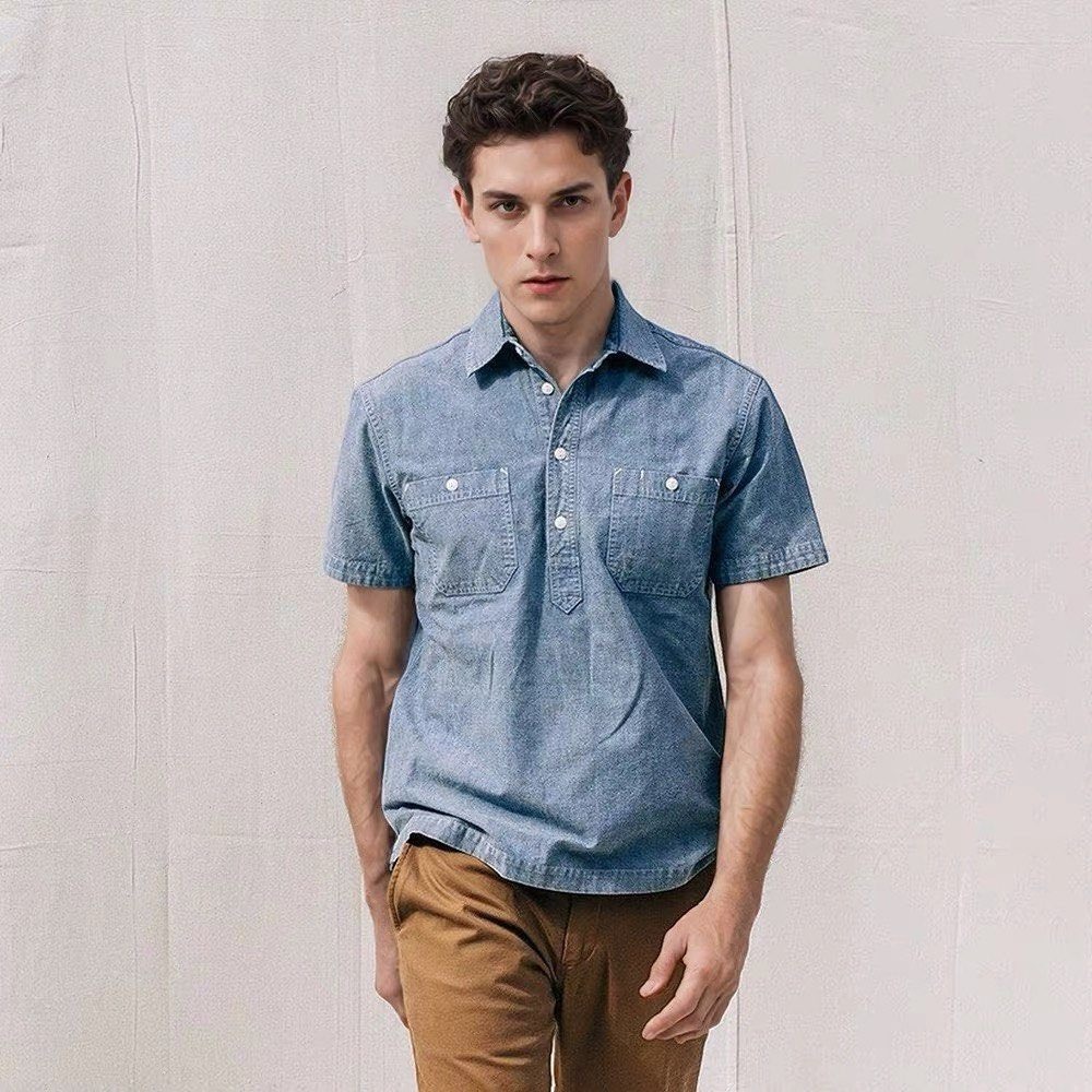 NWT Taylor Stitch Short Sleeve Popover Blue Chambray Shirt Mens 44 XL